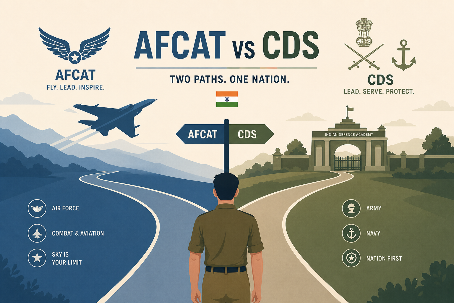 AFCAT vs CDS comparison illustration — two routes to the Indian Air Force: an AFCAT aspirant with wings symbol toward a fighter aircraft silhouette and a CDS-AFA candidate toward academy gates.