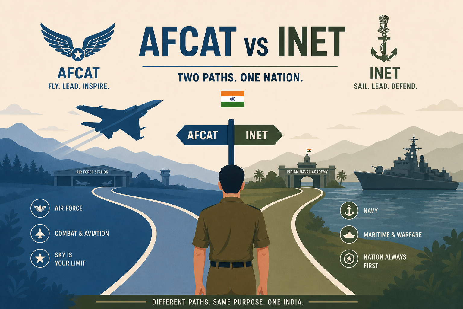 AFCAT vs INET comparison illustration — Air Force wings path toward fighter aircraft versus Navy anchor path toward warship silhouette for Indian defence graduate entries.