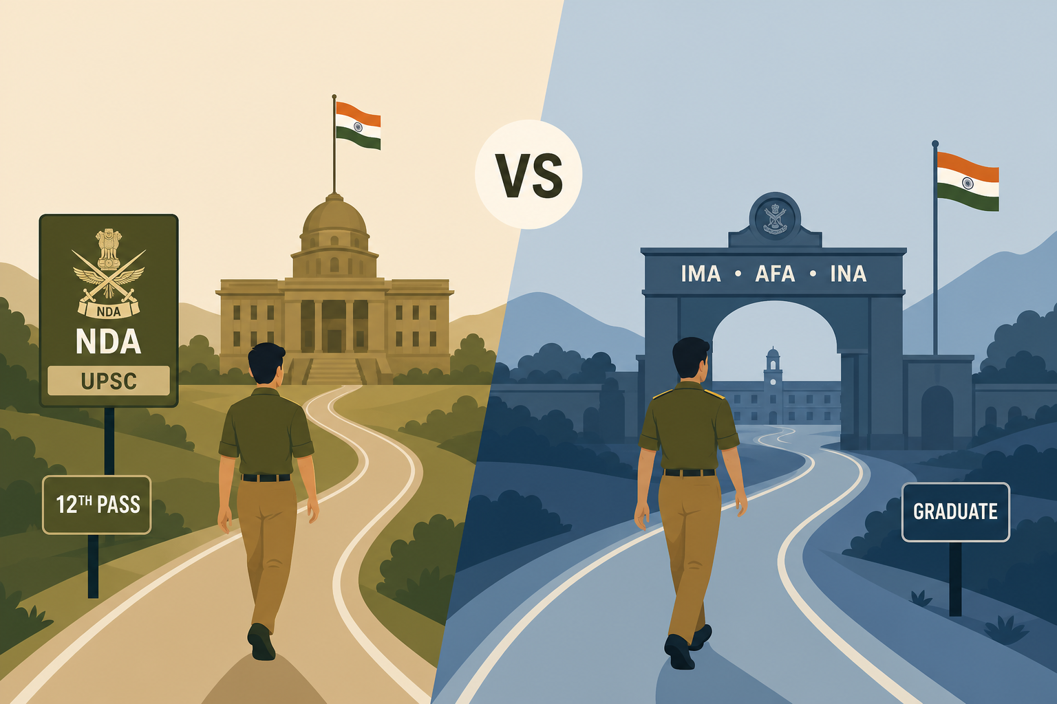 NDA vs CDS comparison illustration — split paths showing a Class 12 cadet heading toward the National Defence Academy and a graduate officer candidate toward IMA/AFA/INA gates, representing the two flagship UPSC Indian Armed Forces entries.