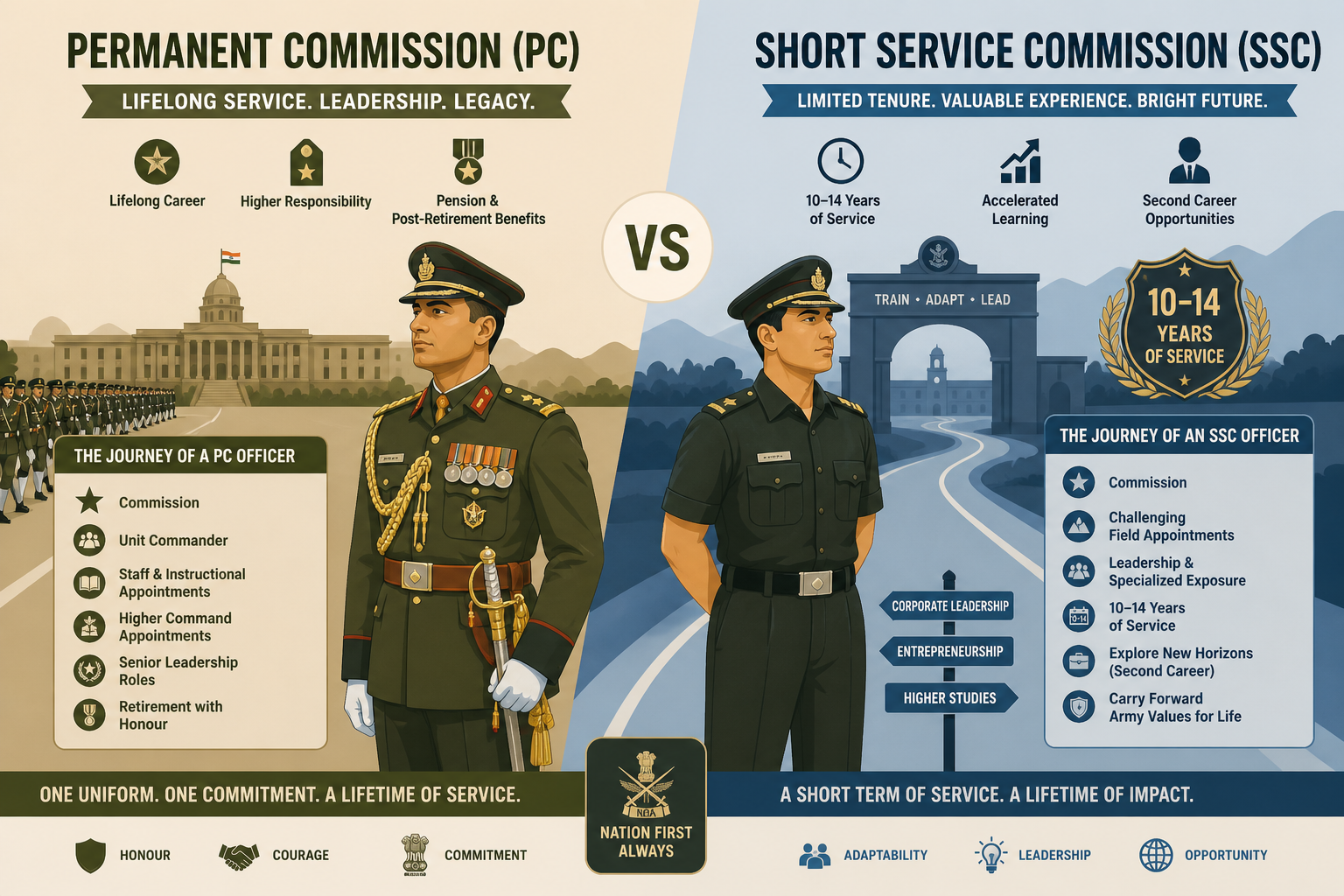 Permanent Commission vs Short Service Commission comparison illustration — long-career PC officer parade versus SSC officer with 10–14 year service timeline in Indian Armed Forces.