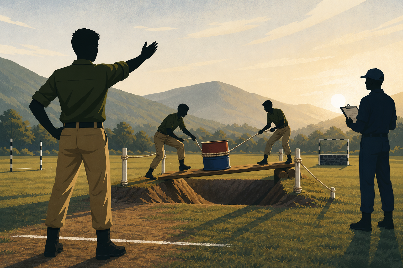 SSB Command Task and Progressive Group Task briefing illustration — a candidate briefing two subordinates beside a painted outdoor obstacle.