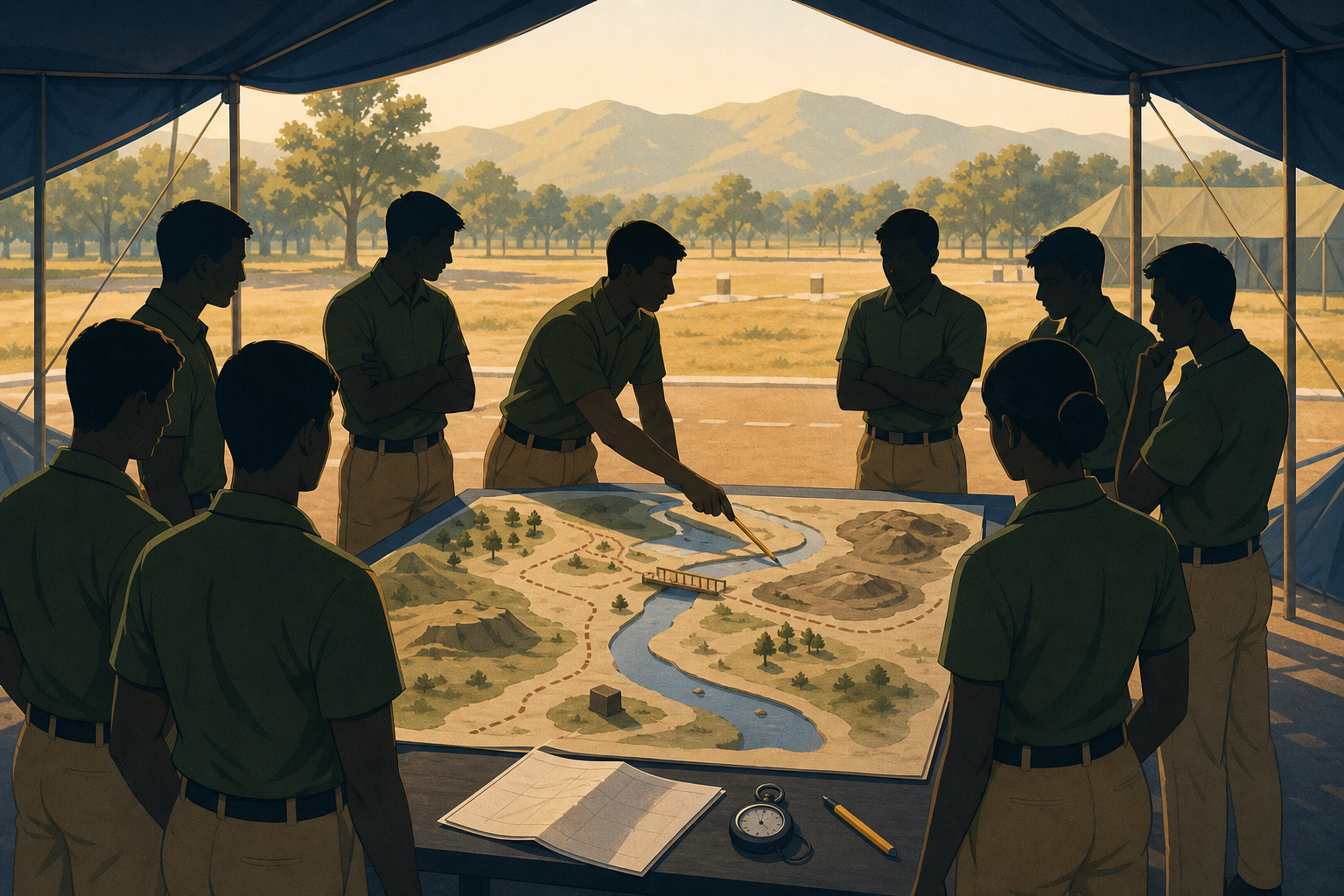 SSB Group Planning Exercise (GPE) illustration — candidates studying a schematic map and writing a 10-minute group plan around a GTO table.
