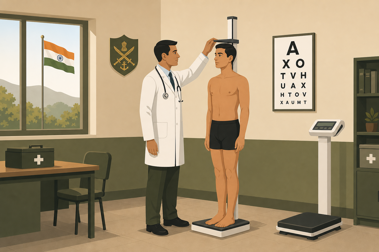 SSB Medical Standards illustration — an Armed Forces medical officer measuring a candidate's height on a stadiometer with eyesight chart and weighing scale visible in a military hospital examination room.