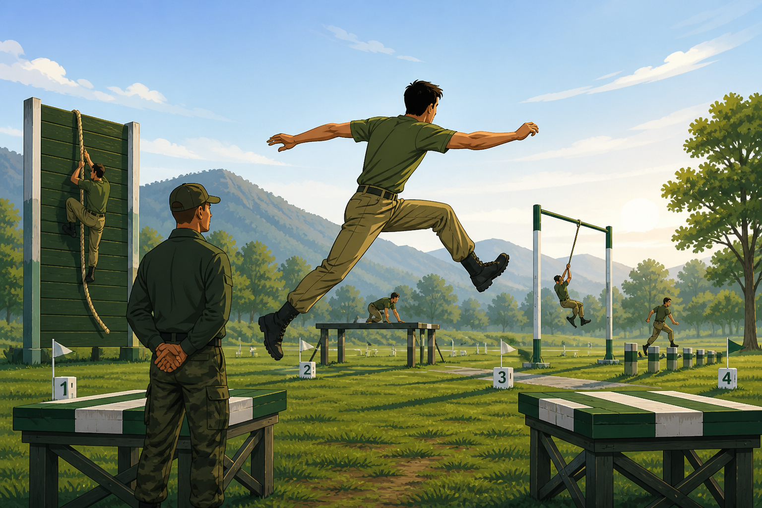 SSB physical fitness and Individual Obstacles preparation illustration — candidate crossing rope wall and hurdles on outdoor GTO obstacle course at an Indian Services Selection Board.