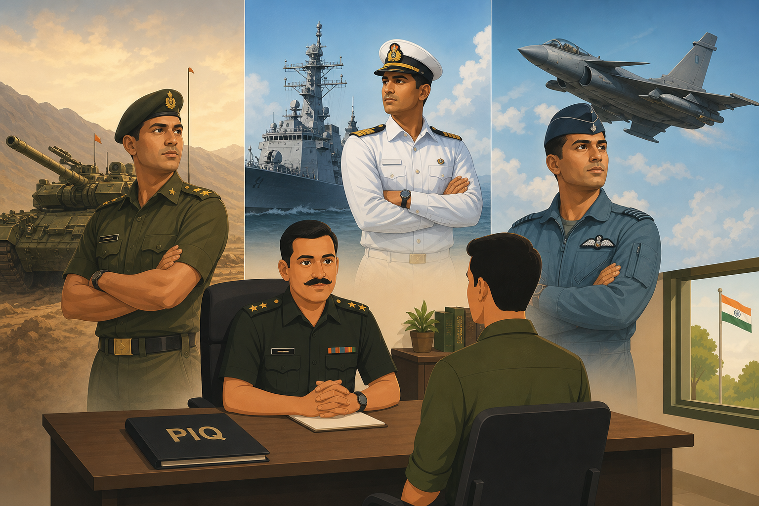 Service-specific SSB Personal Interview guides hub — Army, Navy and Air Force PI preparation with Interviewing Officer and PIQ illustration.