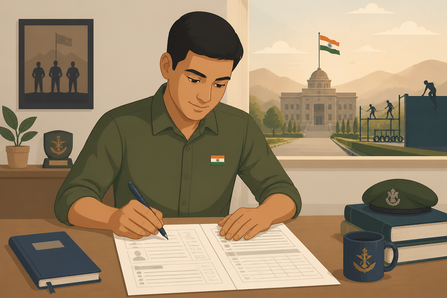 SSB PIQ Form Builder illustration — a candidate in olive-green shirt filling the two-page Personal Information Questionnaire (PIQ) at a desk on SSB reporting day.