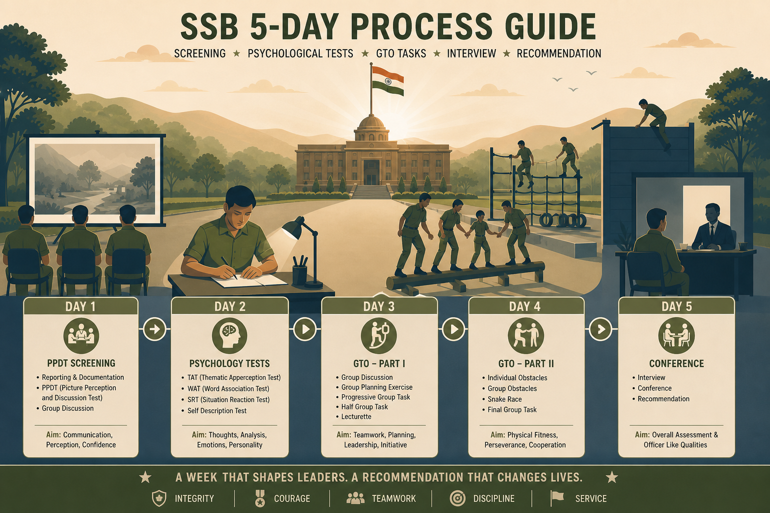 SSB 4-week preparation planner illustration — calendar checklist with PPDT, TAT, WAT, SRT, SD simulators, GTO guides and Personal Interview practice mapped across 28 days for Indian Armed Forces aspirants.