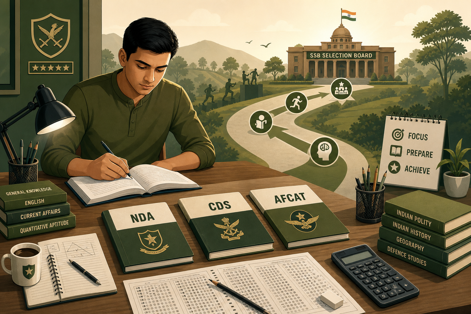 NDA, CDS and AFCAT written exam preparation mini-guides hub — UPSC and IAF exam study illustration for defence aspirants.