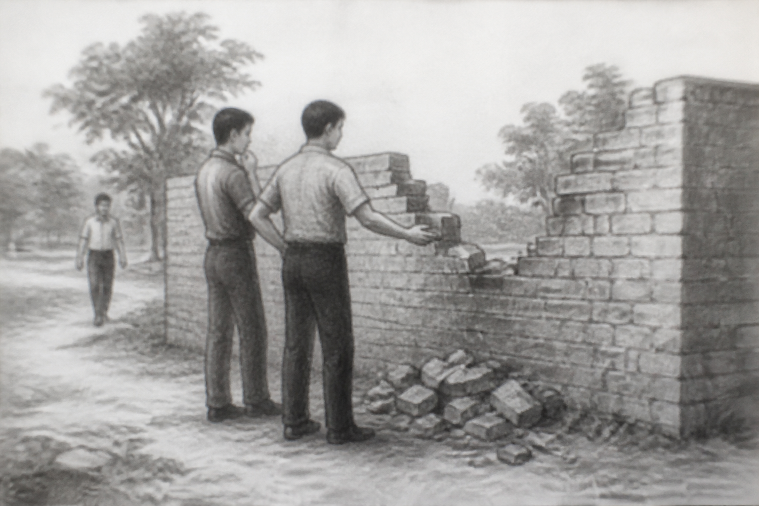 Sample PPDT picture — a hazy black-and-white photo of two people near a partially damaged wall, illustrative of the SSB Picture Perception and Description Test screening slide.